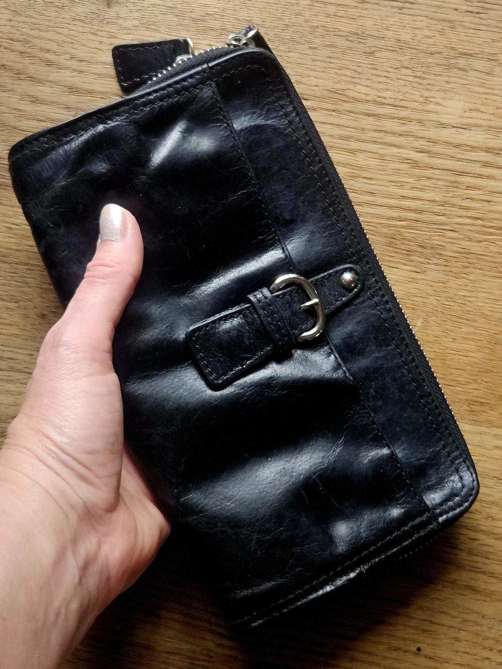 Tano Black Leather Wristlet Clutch with Buckle Detail